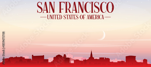Red panoramic poster of the city skyline with misty background buildings, sunrise, moon and clouds of SAN FRANCISCO, UNITED STATES