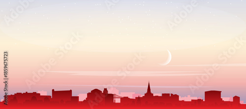 Red panoramic poster of the city skyline with misty background buildings, sunrise, moon and clouds of SAN FRANCISCO, UNITED STATES