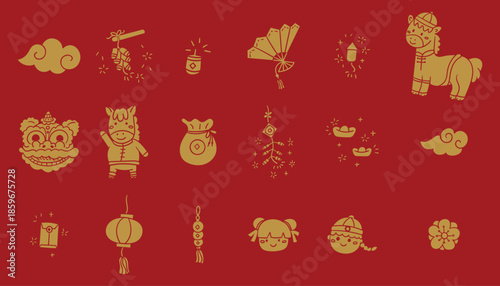 Hand drawn lunar new year gold ornaments set includes boy, girl, cloud, horse, coin, flower, firecrackers, Chinese fan, lanterns, lion on red background vector design.
