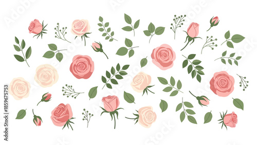 Watercolor Pink Roses and Leaves Arrangement.