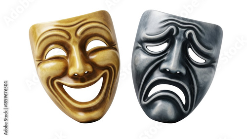 Close-up shot of two theatrical masks, one smiling and the other frowning, representing comedy and tragedy.