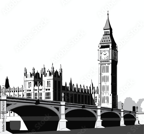 london gothic architecture big ben silhouette line art vector