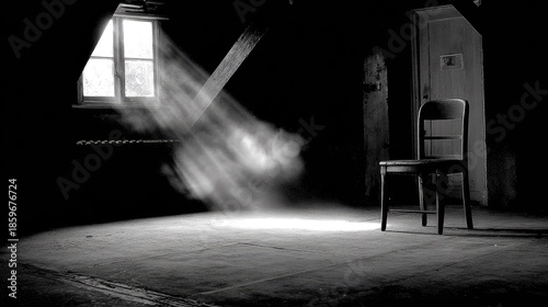 Empty chair sits in dark room bathed in light from a dusty window.