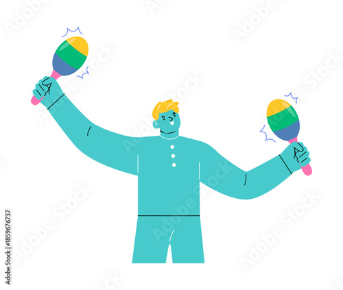Happy man playing maracas. Colorful vector illustration