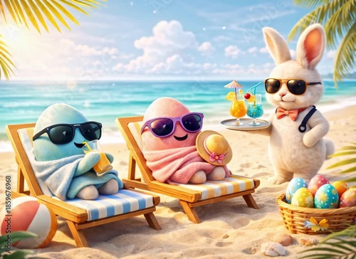 Funny 3D illustration of Easter eggs relaxing on beach loungers wearing sunglasses while a bunny waiter serves tropical cocktails by the ocean in bright summer light