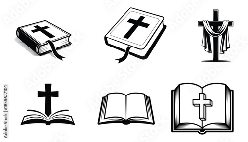 Christian Holy Bible and the cross, Religious symbols a bible a cross and a draped cloth, BIBLE CROSS, holy bible, christian, catholic, jesus, book, bible clipart