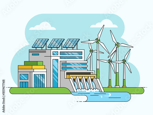 Renewable energy facility with wind turbines, solar panels, and hydroelectric dam in a sustainable environment
