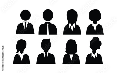Black silhouette icons of business professionals and team members