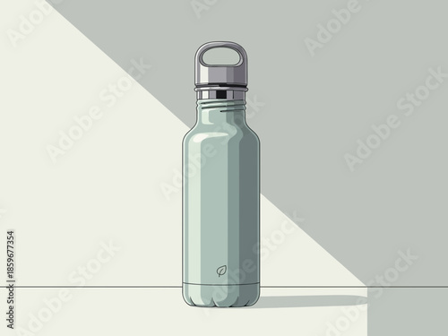 Reusable metal water bottle on a minimalist background with soft shadows and natural light