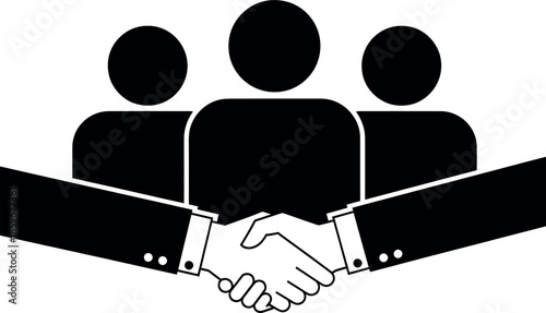 Business partnership handshake agreement between colleagues or team members in a corporate setting with a