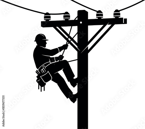 Electrician working on power line utility pole silhouette