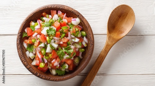 Freshly made pico de gallo in a wooden bowl with a wooden spoon