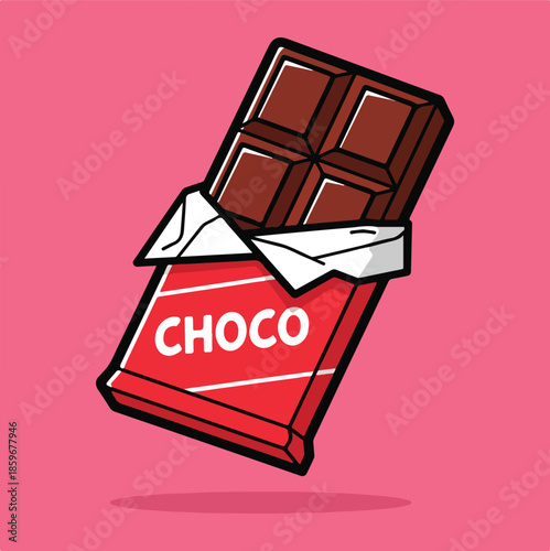 Floating Cartoon Chocolate Bar with Red Wrapper and Gold Foil