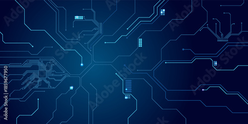 Abstract AI circuit board background. Technology connected blue lines with electronics elements on tech bg. Computer motherboard with a chip, processor, and semiconductor. Digital vector illustration