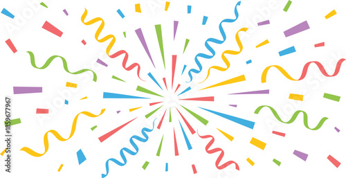 A vibrant explosion of colorful confetti and curling ribbons bursts outwards on a crisp white backdrop