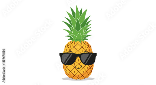 A cool and happy cartoon pineapple character wearing black sunglasses with a friendly smile on a white background.