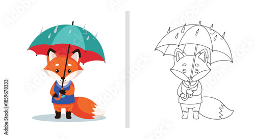 Cute cartoon fox holding a large umbrella in the rain with a corresponding black and white outline for a children's coloring page.