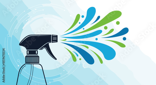 Cleaning spray bottle concept with a silhouette nozzle spraying colorful liquid splashes on a modern light blue background illustration.