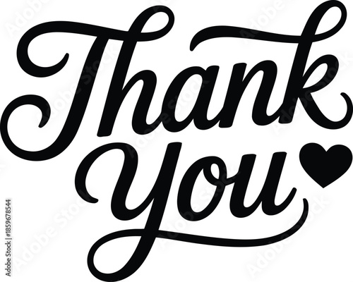 Bold black script Thank You message with a prominent solid heart symbol on a pure white backdrop