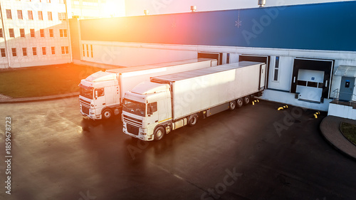 Bild auf Leinwand trucks are loaded in a modern logistics center