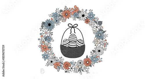 Easter basket filled with decorated eggs in a simple black and white style surrounded by a colorful and detailed floral wreath.