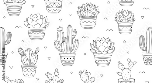 Seamless black and white coloring pattern with various hand-drawn cacti and succulent plants in cute decorated pots on white.