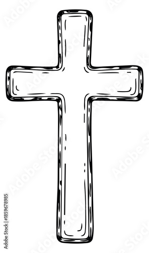 Hand drawn line art illustration of a cross depicting a religious symbol for faith and spirituality