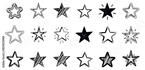 Hand drawn doodle star set featuring various outline and solid shapes for design and decoration