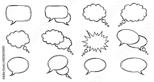 Hand drawn line art speech and thought bubble set featuring various doodle shapes for expressing messages or ideas