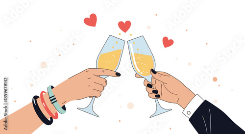 Man and woman's hands clinking champagne glasses with floating hearts to celebrate a romantic occasion like a wedding or anniversary.