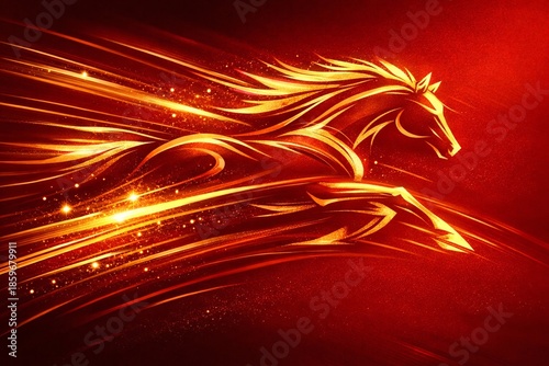 Dynamic Abstract Fire Horse Galloping with Golden Speed Light Trails on Red Background
