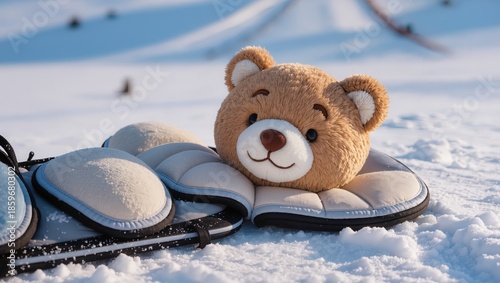 Plush bear face pillow and cover on children's sled seat in snowy landscape, cozy winter textile accessories, soft details, creating comfort during outdoor winter walk
