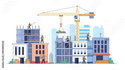 Urban Construction Site Concept Vector Illustration for Development Projects with Crane