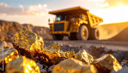 Raw Gold Nuggets in Foreground with Large Yellow Mining Truck in Open Pit Mine at Sunset