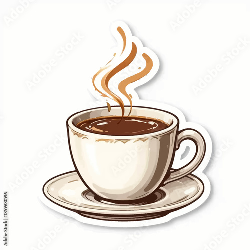 Delightful illustration of a steaming cup of coffee on a saucer, simple and elegant design.