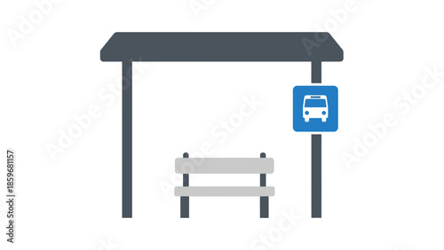 Bus Stop Shelter with Bench and Sign.
