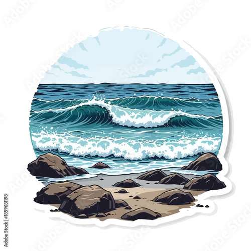 Colorful illustration of ocean waves crashing on a rocky beach with a blue sky background