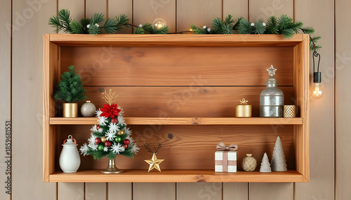 Wooden shelf of free space for your decoration and christmas tree, vintage. White tone