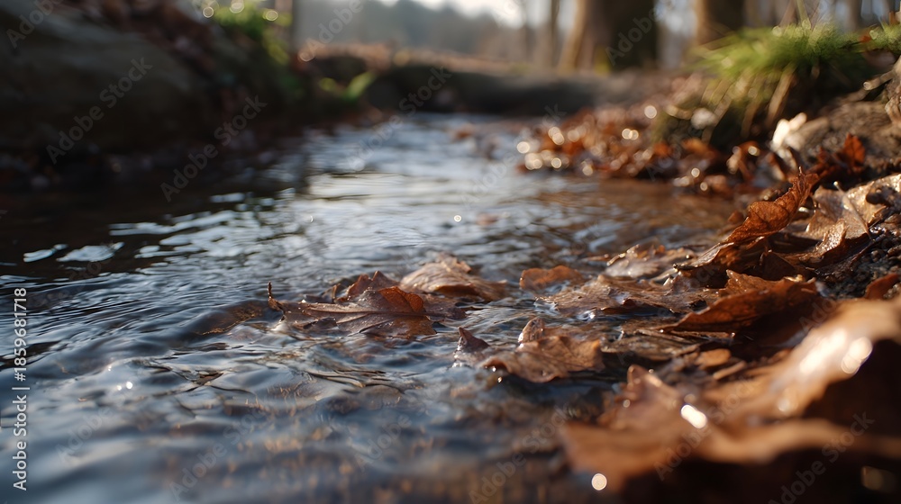 Fototapeta premium Clear forest stream flowing over fallen autumn leaves under soft morning sunlight