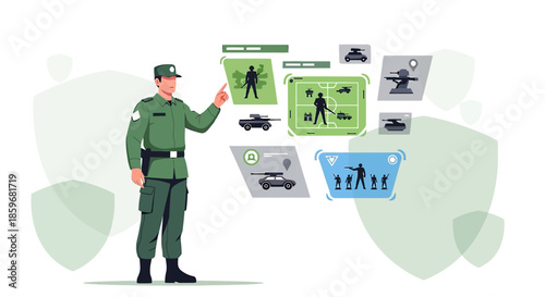 Modern military technology soldier using virtual interface for strategic planning and simulation