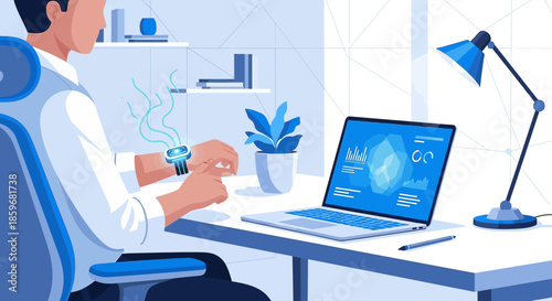 Modern office scene depicting a man interacting with a futuristic smartwatch interface