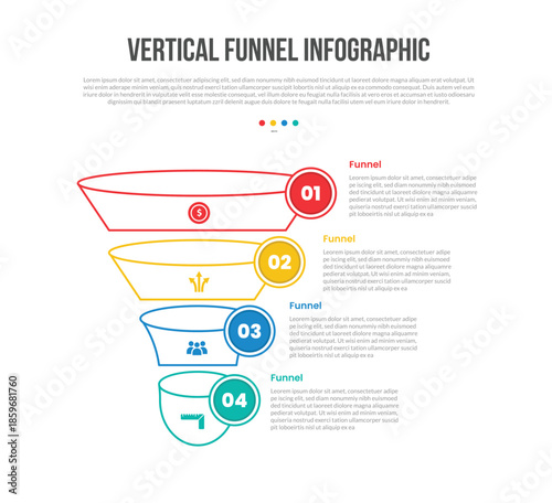 funnel vertical shape infographics template diagram with 3d layer stacked with circle badge on right side with 4 point step creative simple flat outline