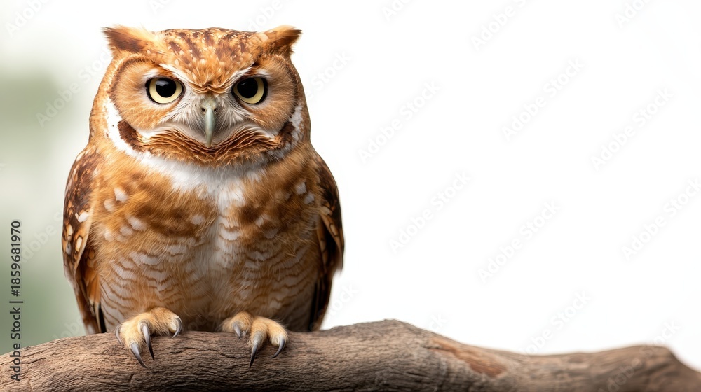 Obraz premium A stunning tawny owl sits regally on a branch, its intense gaze captivating the viewer, representing wisdom and the mystery of the night in a soft, natural light.