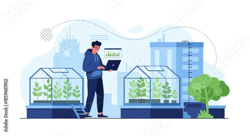 Modern urban agriculture: A man monitors plant growth in rooftop greenhouses using technology for