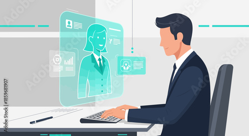 Modern workspace illustration portraying remote collaboration and digital communication tools in