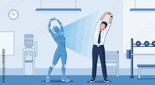 Office Flexibility: Human and Robotic Stretching Exercises in Modern Workplace Gym Environment