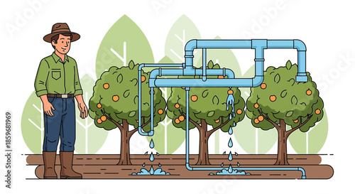 Orchard irrigation system illustration showcasing a farmer and interconnected pipe network for