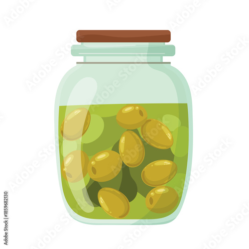 Canned olives in a glass jar. Flat vector clipart, illustration with isolated background.