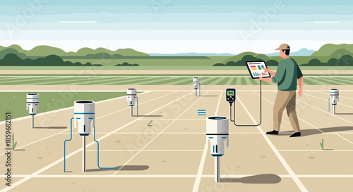 Precision agriculture, farmer monitoring automated sensors in field using digital tablet for crop