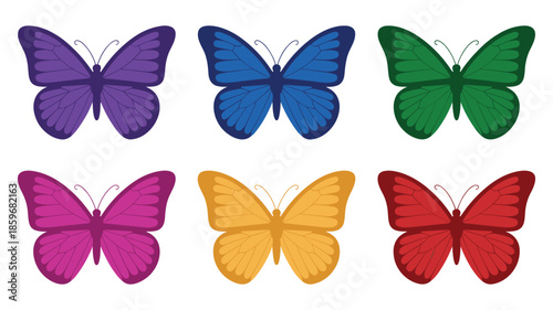 Collection of Six Stylized Butterflies in Various Vibrant Colors on a White Background Keywords: butterfly, butterflies, insect, insects, nature, wildlife, colorful, vibrant, purple, blue, green
